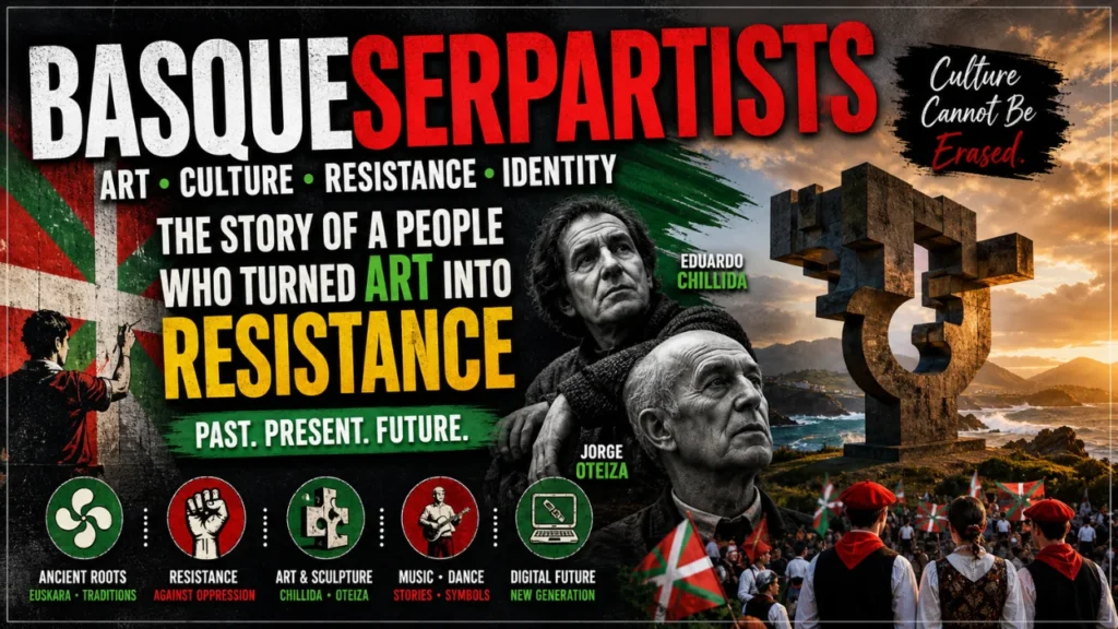 Thumbnail illustrating Basqueserpartists concept with Basque artists Eduardo Chillida and Jorge Oteiza, sculptures, cultural symbols, and themes of art, resistance, identity, and Basque heritage