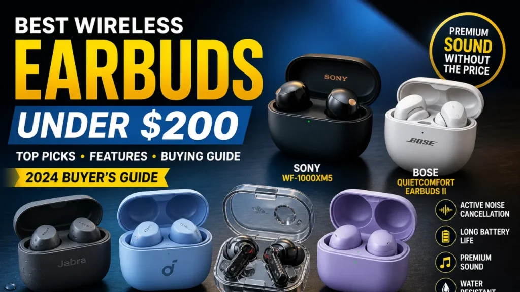 Thumbnail showing Best Wireless Earbuds Under 200 dollars 2024 including Sony WF-1000XM5, Bose QuietComfort Earbuds II, Jabra Elite 4 Active, Anker Soundcore Liberty 4 NC, Nothing Ear (2), and Samsung Galaxy Buds2 Pro with features like ANC, long battery life, and premium sound