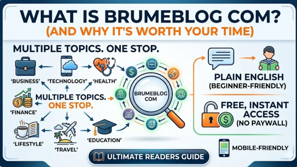 The same infographic as image_4.png, Brumeblog Com explaining as a general-interest blog platform with icons for multiple topic categories.