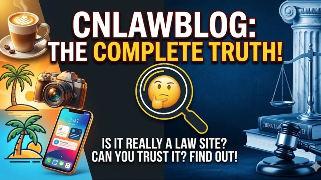 A review thumbnail titled "CNLawBlog: The Complete Truth" with travel icons on the left and legal icons on the right, asking if it is a law site.