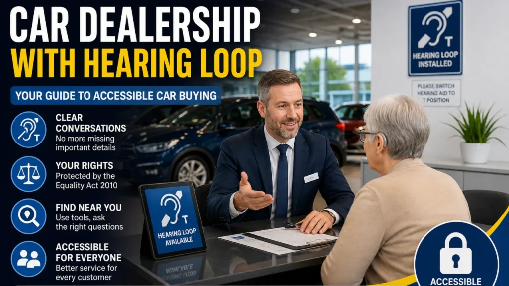 Car dealership with hearing loop system helping a customer with hearing loss communicate clearly at a sales desk