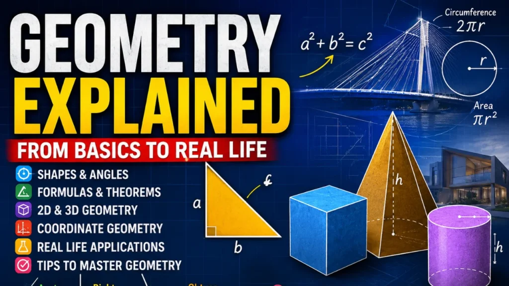 Geometry Learn V3 infographic showing shapes, angles, Pythagorean theorem, circle formulas, and 2D and 3D geometry concepts in a colorful educational design
