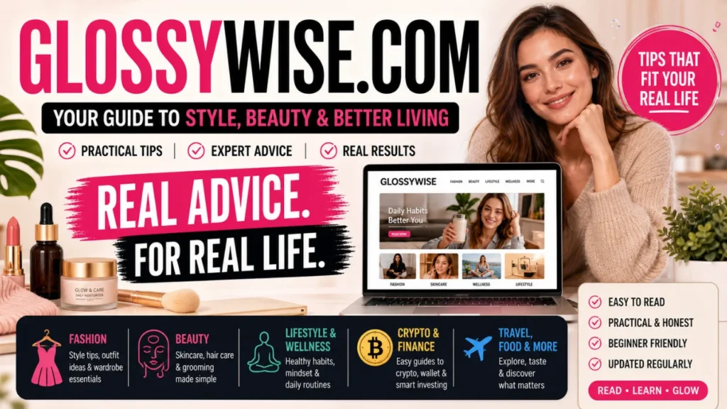 Glossywise com website thumbnail showing fashion, beauty, skincare, lifestyle and wellness tips with real advice for everyday life, including practical guides, beginner-friendly content and modern lifestyle insights