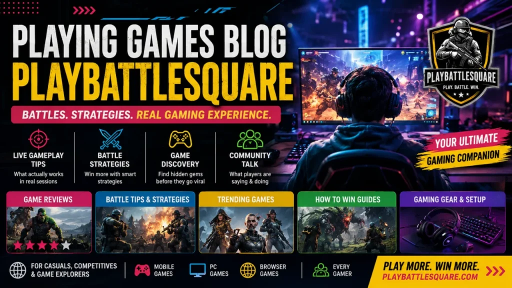Gaming blog thumbnail showing player with headset, battle gameplay screen, and text about Playing Games Blog PlayBattleSquare featuring tips, strategies, and game reviews