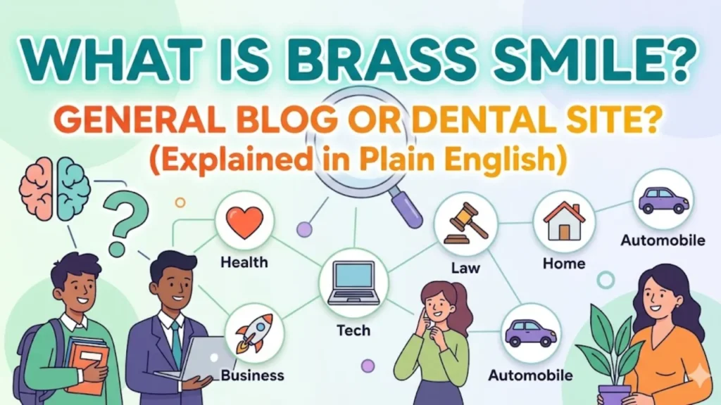 An infographic titled "What is Brasssmile com ?" defining it as a general-interest blog covering topics like Health, Business, Tech, Law, and Home, explained simply.