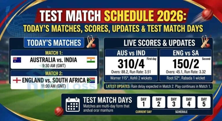 Test Match Schedule 2026: Today’s Matches, Scores, Updates & Test Match Days Test Match Schedule 2026: Today’s Matches, Scores, Updates & Test Match Days